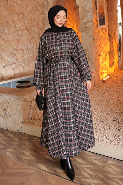 İmajButik Μακρύ καρό φόρεμα με ζώνη ανθρακί και κουμπιά μπροστά