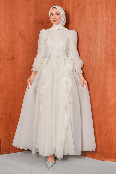 İmajButik Ecru Balloon Sleeve Evening Dress