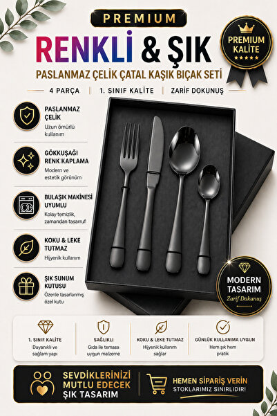 jojobebek Premium Paslanmaz Çelik Çatal, Kaşık ve Bıçak Seti– Modern Siyah Re...