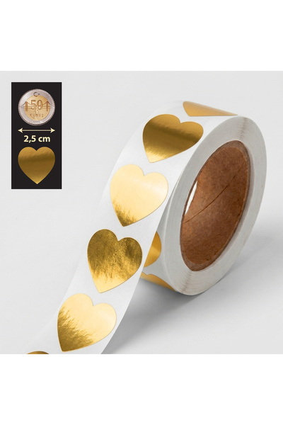 hdcw 500 ADET 2,5 cm RULO YAPIŞKANLI ALTIN YALDIZ BASKILI KALP STICKER ETİKET...