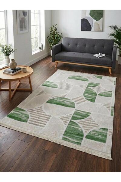 NaRStore Home Dinar Geometrik Desen Saçaklı Yeşil Kaymaz Taban Yıkanabilir Ke...