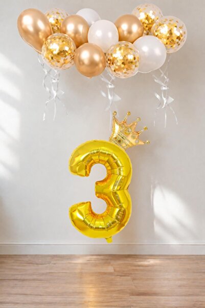 Patladı Gitti 3 Rakam Gold Folyo Balon, Kral Tacı Ve Konfetili Gold Balon