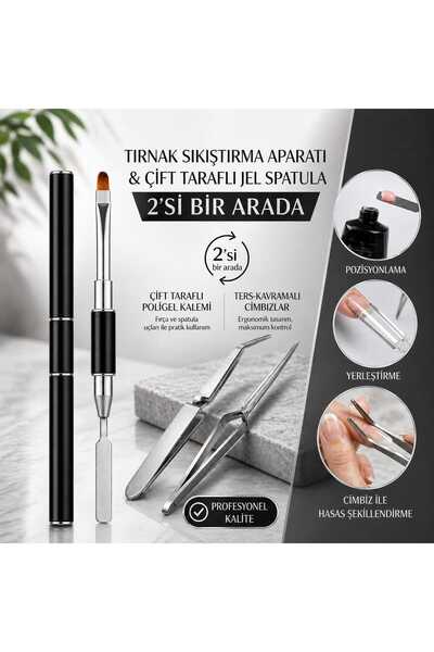 PİRAYE AKSESUAR Çift Taraflı Poly Jel Uygulama Fırçası Spatula & Protez Tırna...