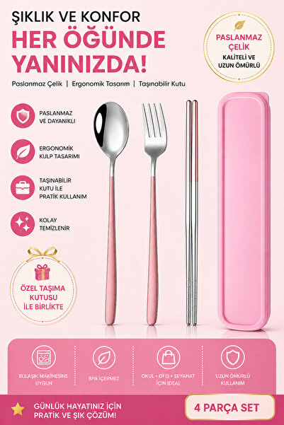 jojobebek Pink Color Premium Kids Stainless Steel Fork-Spoon and Chopstick Se...