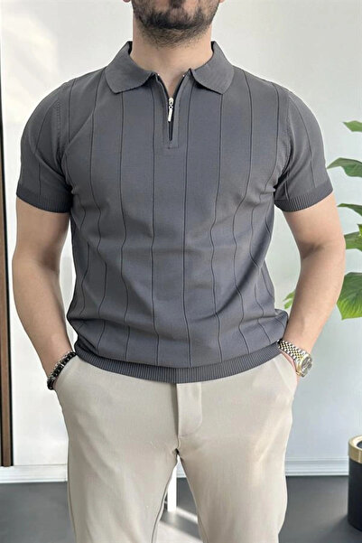 Edwox Erkek Yarım Fermuarlı Polo Yaka Tişört Füme Edw257
