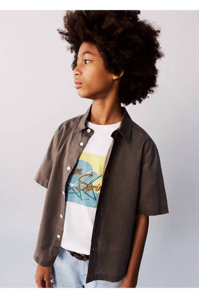 MANGO Kids Keten karışımlı kısa kollu gömlek