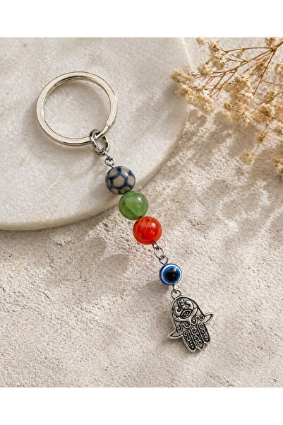 Fatma Main Hand - Hamsa - Keychain with Luck Evil Eye Beads and Natural Stone (Agate&Aventurine/Luck-Energy Evil Eye)