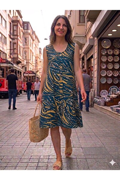 AYASOFYA OTANTIK Γυναικείο αμάνικο μίντι φόρεμα με λεπτομέρεια κουμπιού και τ...