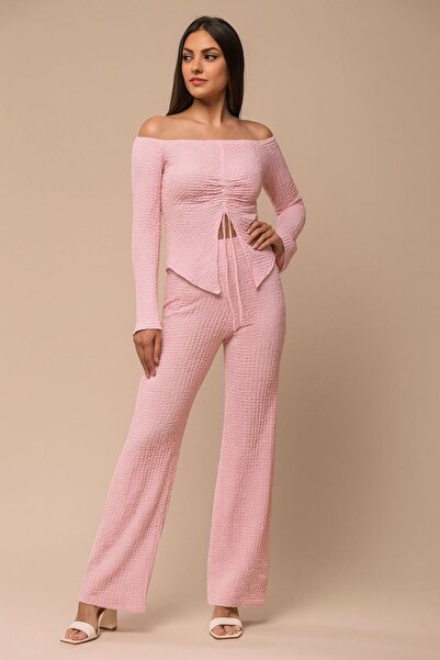 Moda Banuş Ροζ σετ με γιακά Madonna, μακρυμάνικο πουκάμισο και παντελόνι με ε...