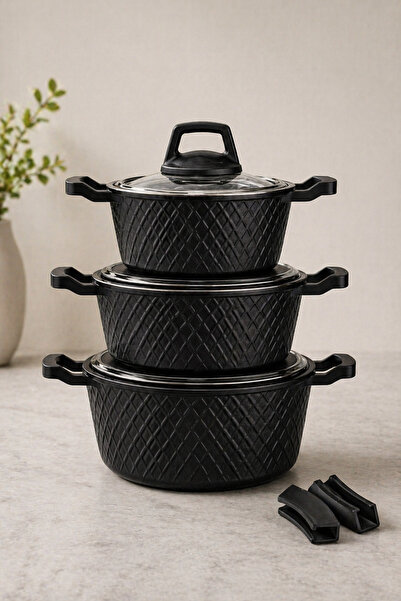 LAVONNI Obsidian Cast Granite Cookware Set 6 Pieces Daily Use Fireproof Non-S...