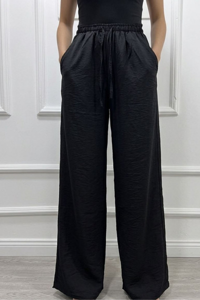 COTTONLAB Μαύρο παντελόνι με εφέ λινό, χαλαρή εφαρμογή και δέσιμο στη μέση