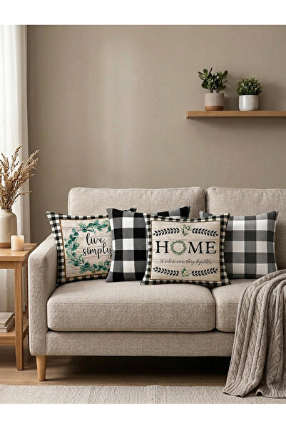 HOMESSA Set of 4 Black and White Plaid and Wreath Patterned Throw Pillow Cove...