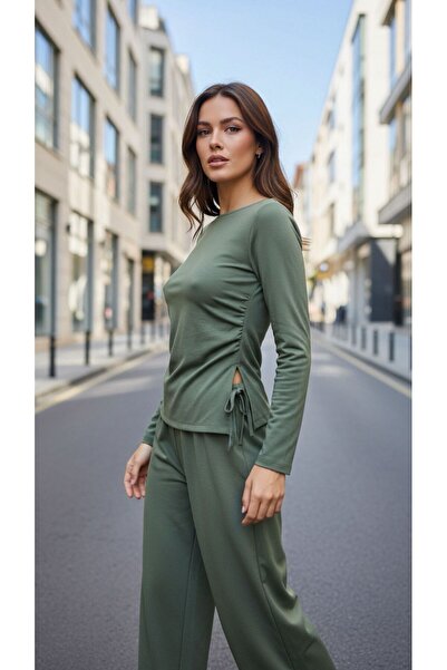 Moda Banuş Σετ άνετης φόρμας από ύφασμα Modal με φαρδιά μπατζάκια σε χακί χρώμα