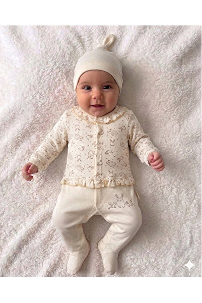 Kereminko Bebek بدلة أطفال حديثي الولادة بنقشة أرنب لطيف - طقم من قطعتين مع قبعة