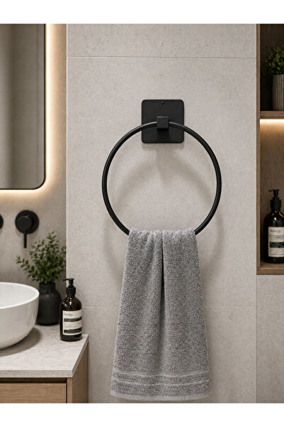 VİE HOUSE Siyah Yapışkanlı Yuvarlak Havluluk Yapışkanlı Vidalı Banyo Havlu As...