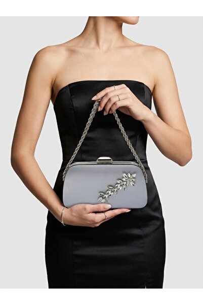 Biçanta Ειδική σχεδίαση Γκρι Χρώμα Σατέν Λαβή Αλυσίδας Ασημένια Κρυστάλλινη Π...
