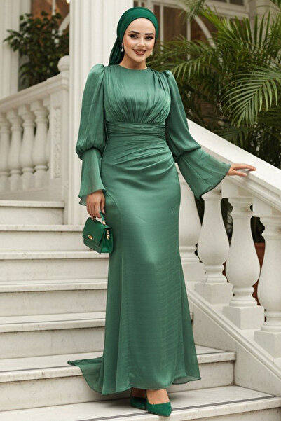 Neva Style Drape Detaylı Yeşil Tesettür Abiye Elbise 48531Y
