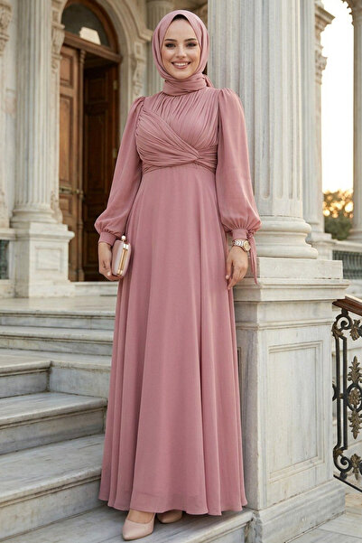 N.S NEVA STYLE Βραδινό φόρεμα Drape Detailed Dusty Rose Hijab 4823GK