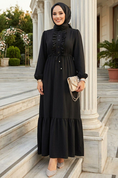Neva Style Rochie Hijab Neagră - Detaliu Volane, Model 6731S