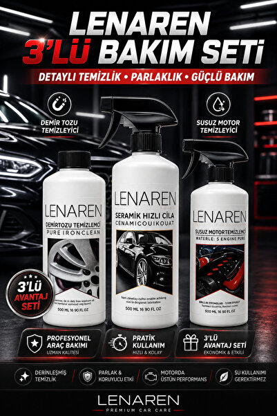 3’lü Oto Bakım Seti | Demir Tozu Temizleyici + Seramik Hızlı Cila + Susuz Motor Temizleyici