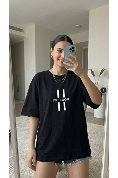 AllWearStyle تي شيرت أسود كبير الحجم مطبوع عليه Freedom – تي شيرت أساسي للجنس...