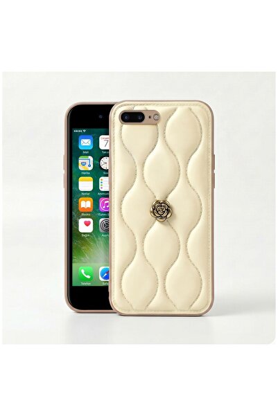 Pro Aksesuar Apple iPhone 7 Plus Uyumlu Kılıf Çiçekli Dalgalı Deri Kılıf Bej