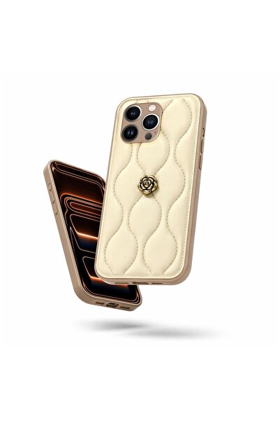 Zebana Apple iPhone 15 Pro Max Uyumlu Kılıf Zebana Camellia Deri Kılıf Bej