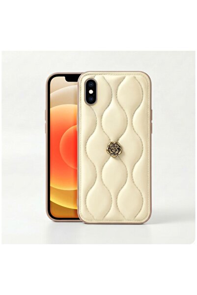 Pro Aksesuar Apple iPhone X Uyumlu Kılıf Çiçekli Dalgalı Deri Kılıf Bej