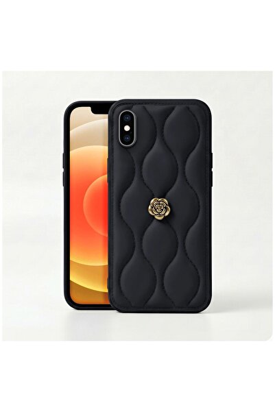 Pro Aksesuar Apple iPhone XS Uyumlu Kılıf Çiçekli Dalgalı Deri Kılıf Siyah