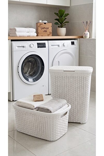 Saban 2'li Set Hasır Desenli Plastik Beyaz Çamaşır Sepeti & Beyaz Çamaşır Selesi