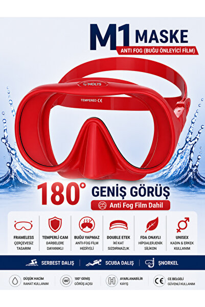 MOLYS M1 PROFESYONEL DALIŞ MASKESİ + ANTI FOG (BUĞU ÖNLEYİCİ FİLM) KIRMIZI