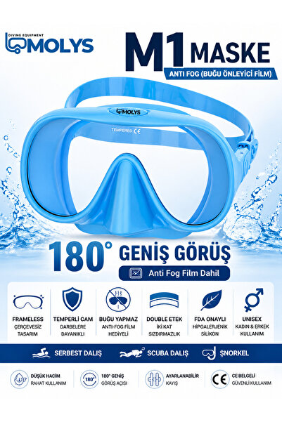 MOLYS M1 PROFESYONEL DALIŞ MASKESİ + ANTI FOG (BUĞU ÖNLEYİCİ FİLM) MAVİ