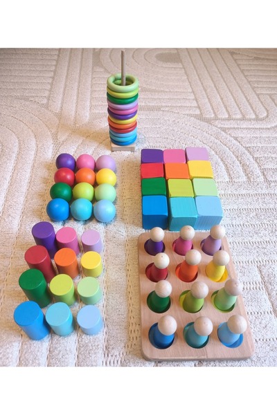 Moccotoys Waldorf Eşleştirme Tablalı Silindir Halka Peg Bebek Top Küp Seti - (12 Renk)