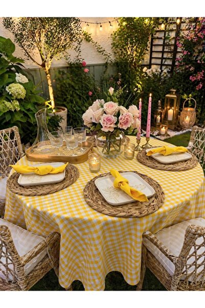 Decamor home Λινό ύφασμα Κίτρινο Ποτικάρε Στρογγυλό Τραπεζομάντιλο