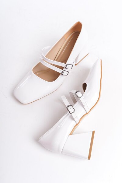 Modabuymus Παπούτσια Culia White λουστρίνι Mary Jane με διπλή ταινία με αμβλύ...