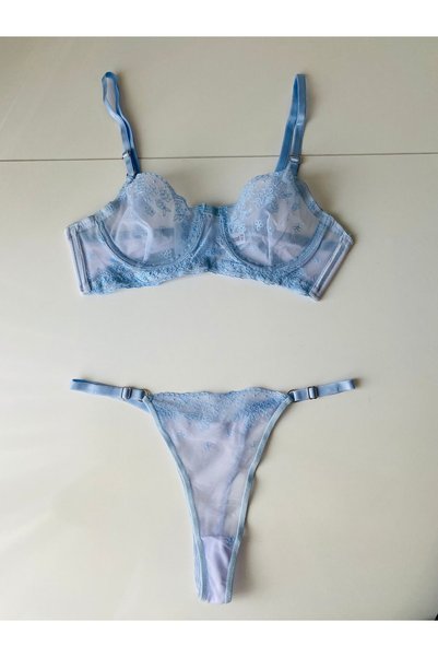 love secret Women's Ice Blue Floral Embroidered Lace Bralet Dowry Bottom Top Bra Panty Set