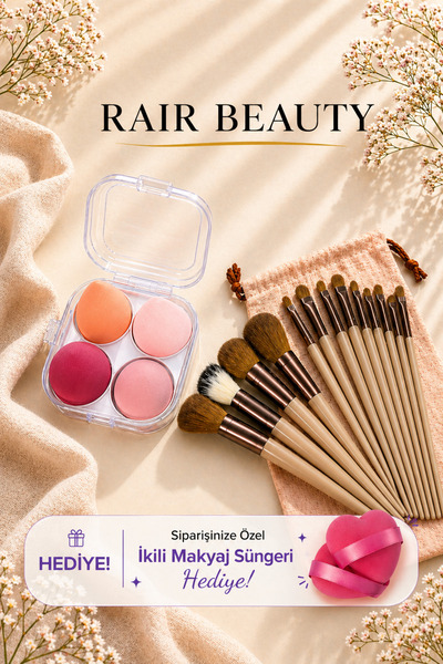 RAİR BEAUTY Fix Özel Keseli Pembe Fırça Seti ve Sert Kutulu 4'lü Makyaj Süngeri İkili Pudra Süngeri HEDİYELİ
