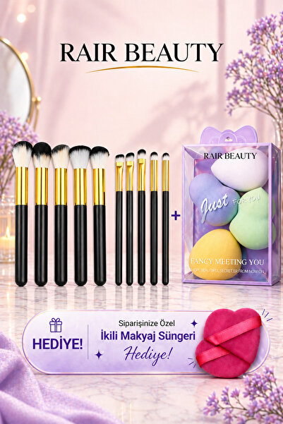 RAİR BEAUTY Siyah Saplı 10'lu Makyaj Fırça Seti ve 4'lü Makyaj Süngeri Seti