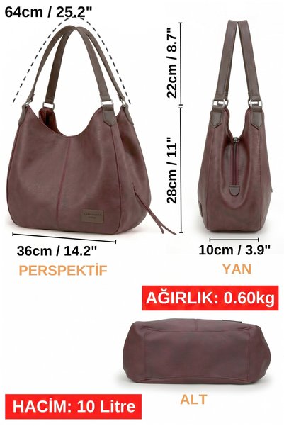 Cappadocia Vintage Myra Women's Smoky Burgundy Pu Leather Daily Shoulder Bag Three-Compartment Hobo Tote Handbag