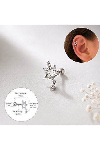 Heppii Cerrahi Çelik Yıldız Helix Piercing Kıkırdak Gümüş Renk