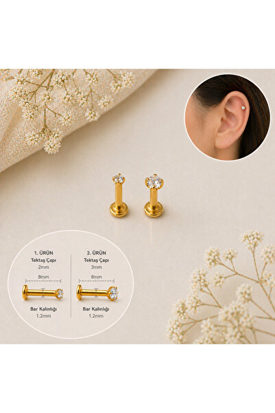 Heppii Tektaş Cerrahi Çelik Piercing Tragus Helix Kıkırdak Conch Gold Renk 8 ...