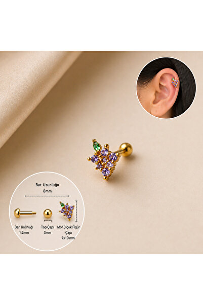 Heppii Mor Çiçekli Helix Piercing Kıkırdak Cerrahi Çelik Gold Renk