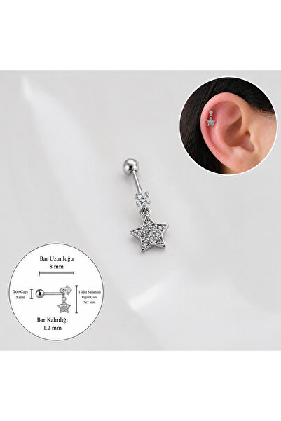 Heppii Cerrahi Çelik Yıldız Sallantılı Piercing Helix Kıkırdak Silver Renk