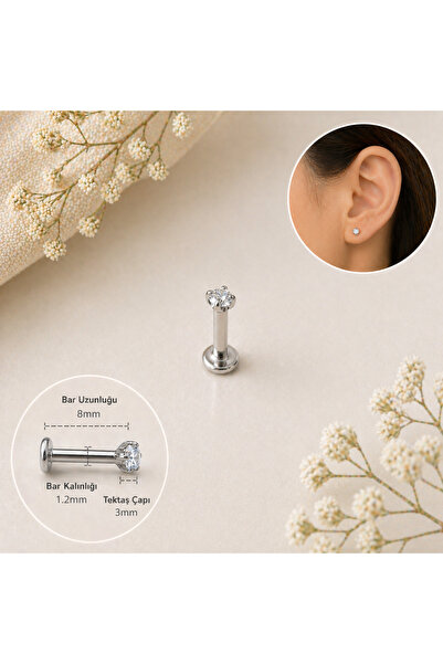 Heppii 3 MM Tektaş Cerrahi Çelik Piercing Tragus Helix Kıkırdak Conch Gümüş R...