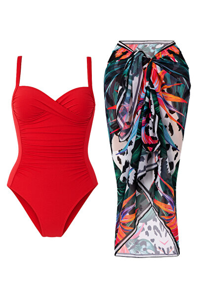 CUPSEA Γυναικείο κόκκινο μαγιό με ντραπέ Lana-Black Leaf Pattern Pareo Σετ 2 ...