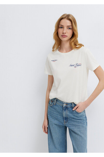 Mavi Saint Tropez Bedrucktes Ecru-T-Shirt mit halbschmaler Passform 1613891-8...