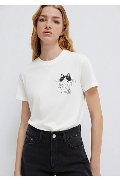 Cat Printed Ecru T-Shirt Semi Slim Fit 1613723-70057