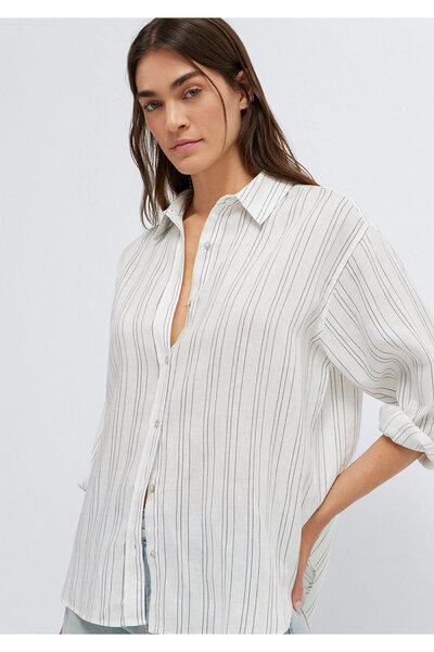 Mavi Μαύρο ριγέ λευκό λινό πουκάμισο Oversize / Φαρδιά Γραμμή 1210748-81510