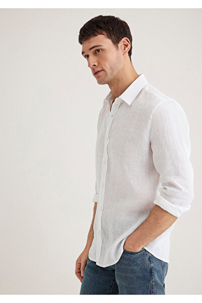 Mavi Beyaz Keten Gömlek Slim Fit / Dar Kesim 0211466-620