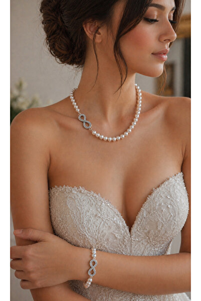 İNCİORA JEWELRY GERÇEK DOĞAL İNCİ (8-9 mm) SONSUZLUK 925 ayar GÜMÜŞ SET (KOLY...